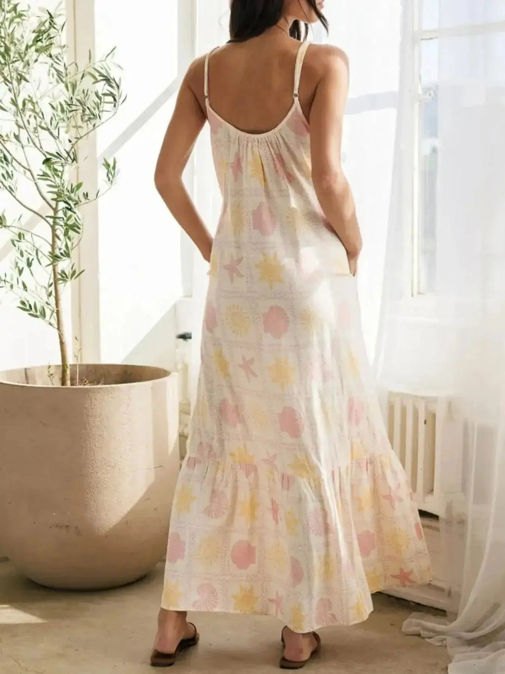 Printed Maxi Lounge Dress with Ruffled Hem - Plush Fashion Hub