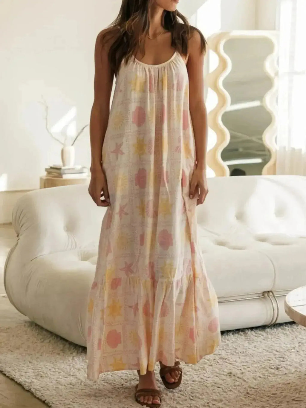 Printed Maxi Lounge Dress with Ruffled Hem - Plush Fashion Hub