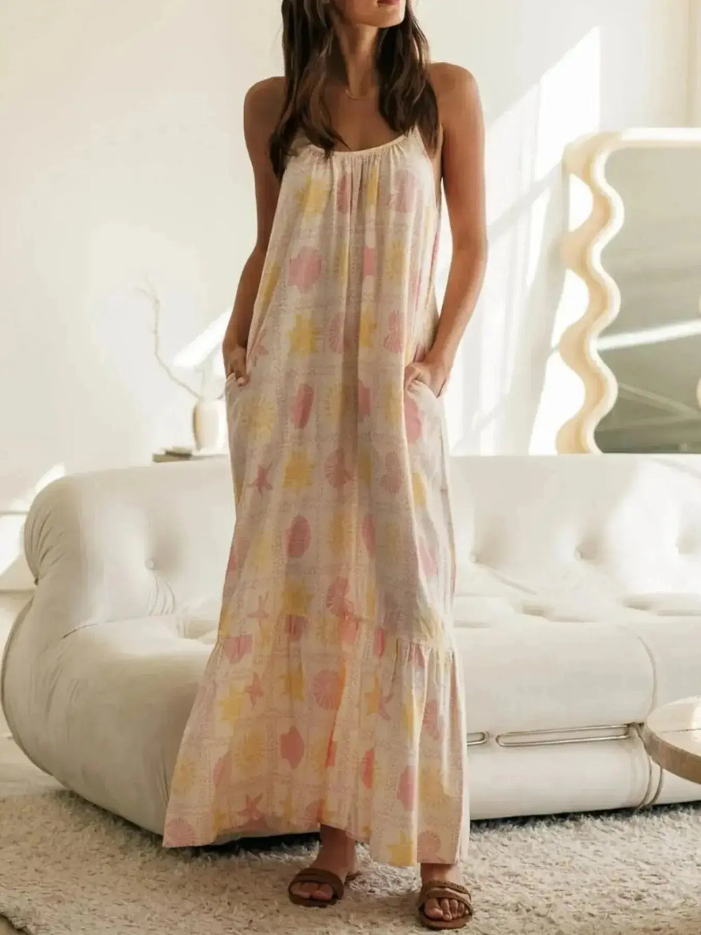 Printed Maxi Lounge Dress with Ruffled Hem - Plush Fashion Hub