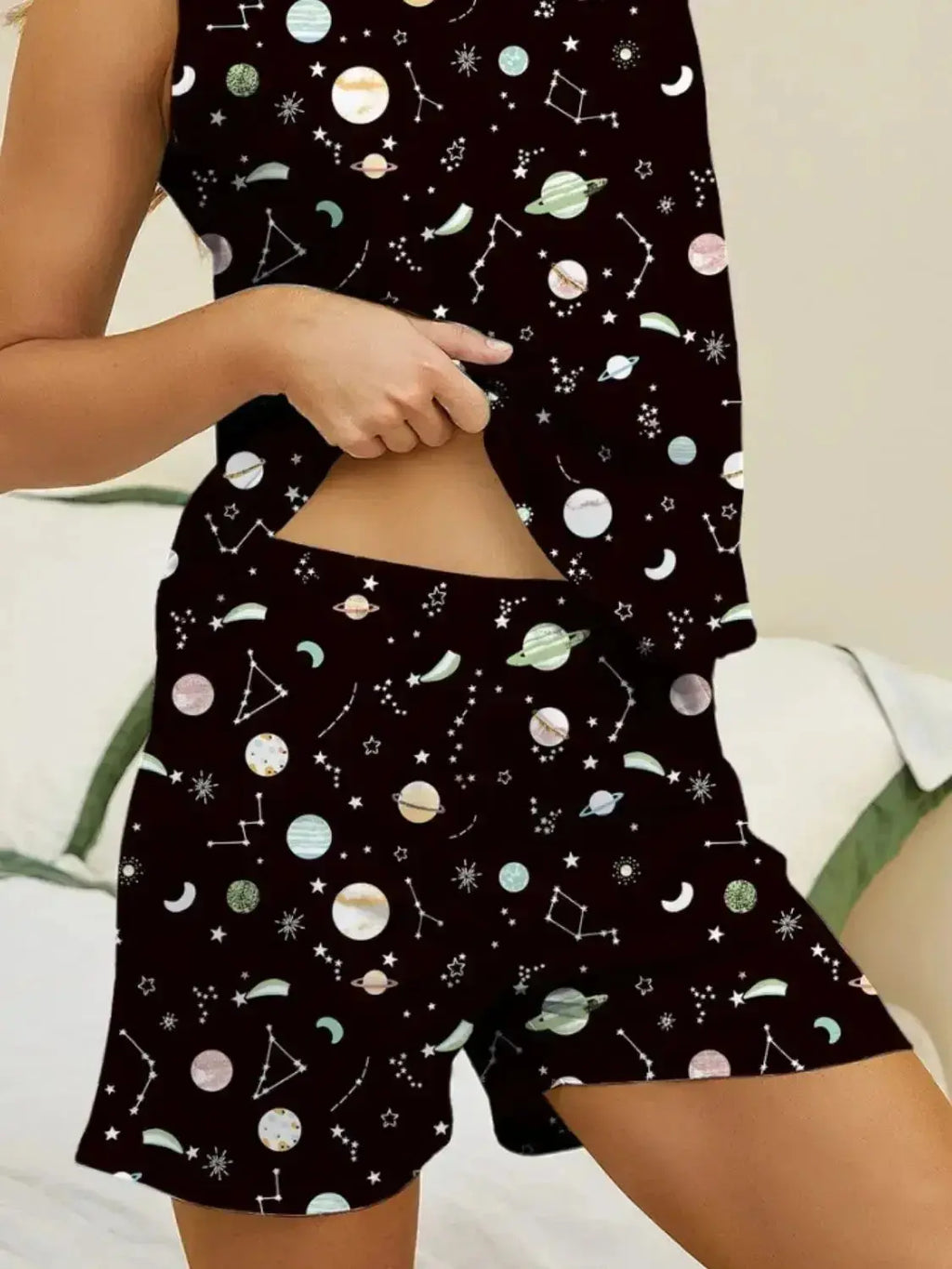 Printed Round Neck Top and Shorts Lounge Set - Plush Fashion Hub