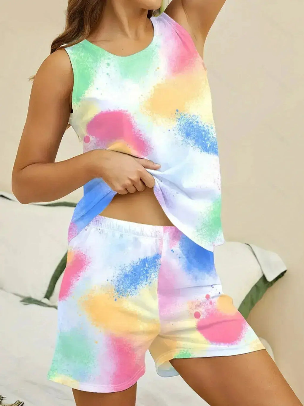 Printed Round Neck Top and Shorts Lounge Set - Plush Fashion Hub