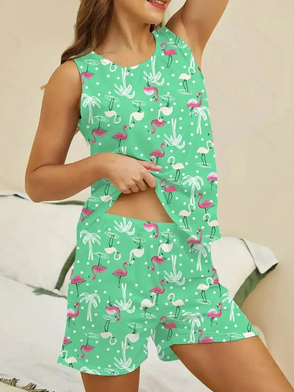 Printed Round Neck Top and Shorts Lounge Set - Plush Fashion Hub