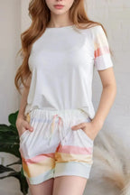 Rainbow Striped Round Neck T Shirt and Shorts Lounge Set - Plush Fashion Hub