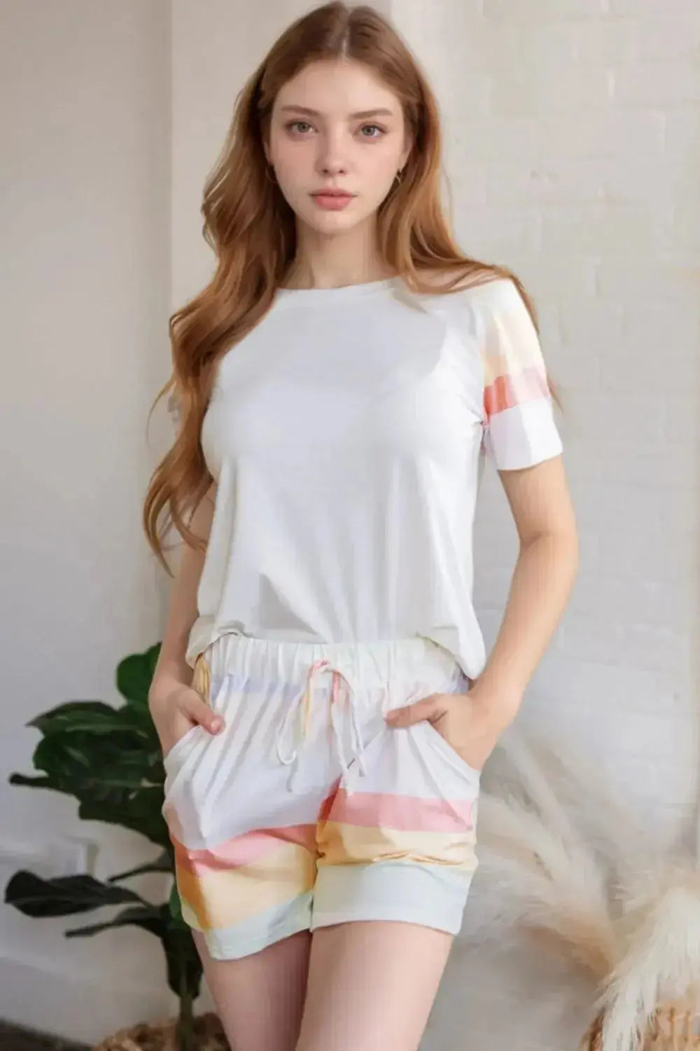 Rainbow Striped Round Neck T Shirt and Shorts Lounge Set - Plush Fashion Hub