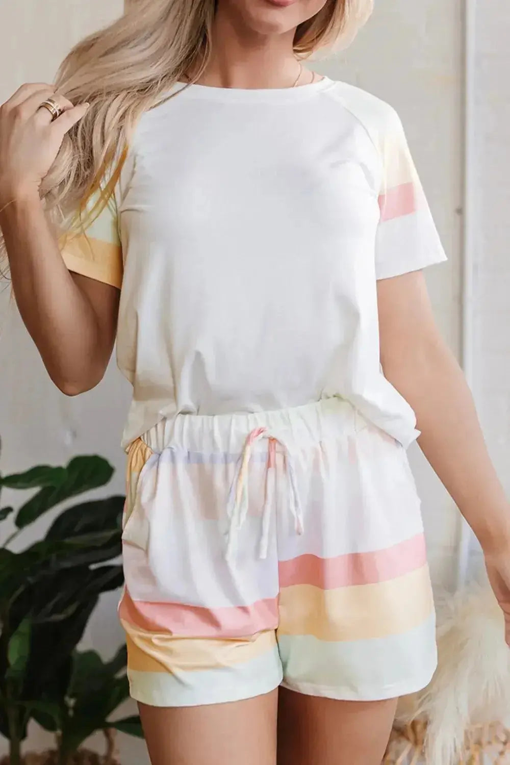 Rainbow Striped Round Neck T Shirt and Shorts Lounge Set - Plush Fashion Hub