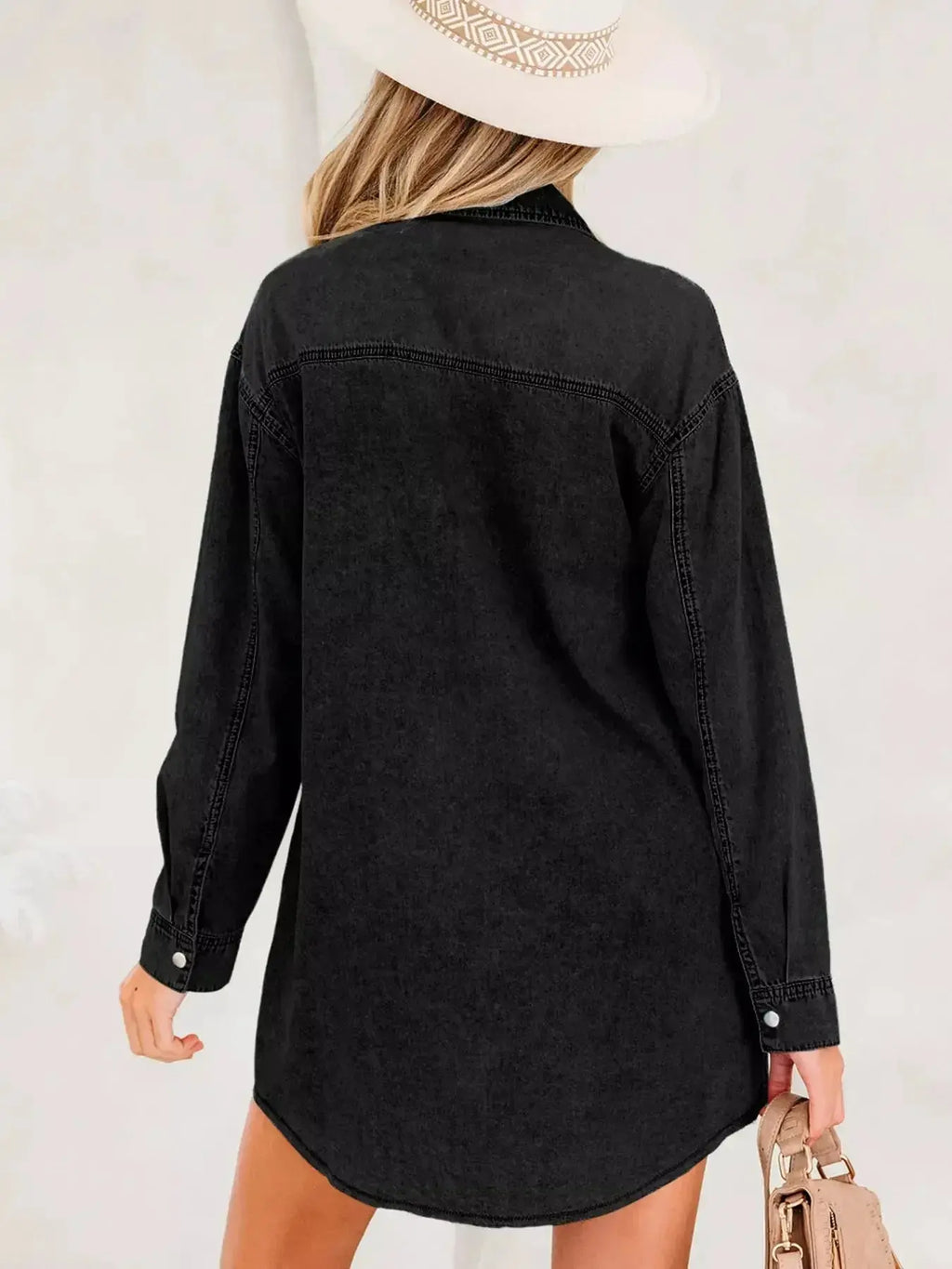 Chest Pocket Raw Hem Denim Loose Shirt Dress - Plush Fashion Hub