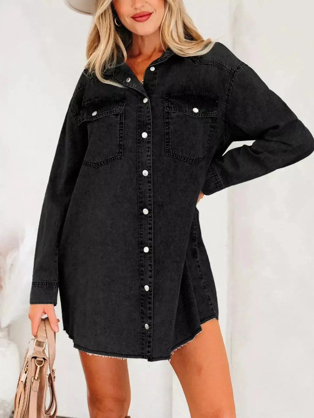 Chest Pocket Raw Hem Denim Loose Shirt Dress - Plush Fashion Hub