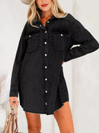Chest Pocket Raw Hem Denim Loose Shirt Dress - Plush Fashion Hub