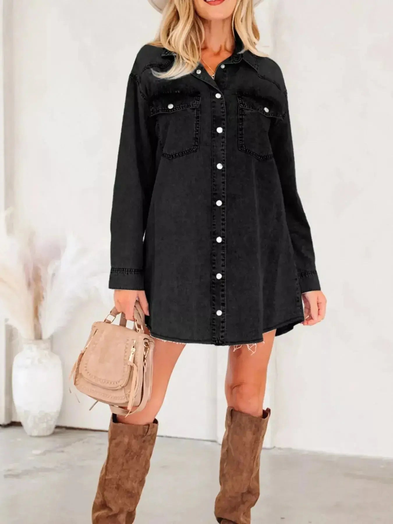 Chest Pocket Raw Hem Denim Loose Shirt Dress - Plush Fashion Hub