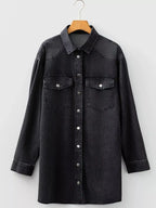 Chest Pocket Raw Hem Denim Loose Shirt Dress - Plush Fashion Hub