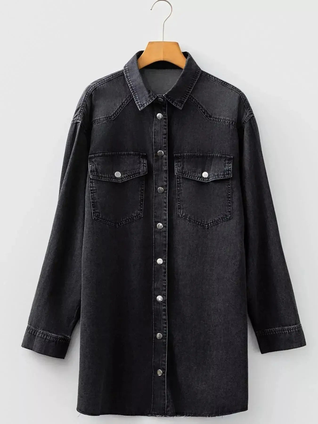 Chest Pocket Raw Hem Denim Loose Shirt Dress - Plush Fashion Hub