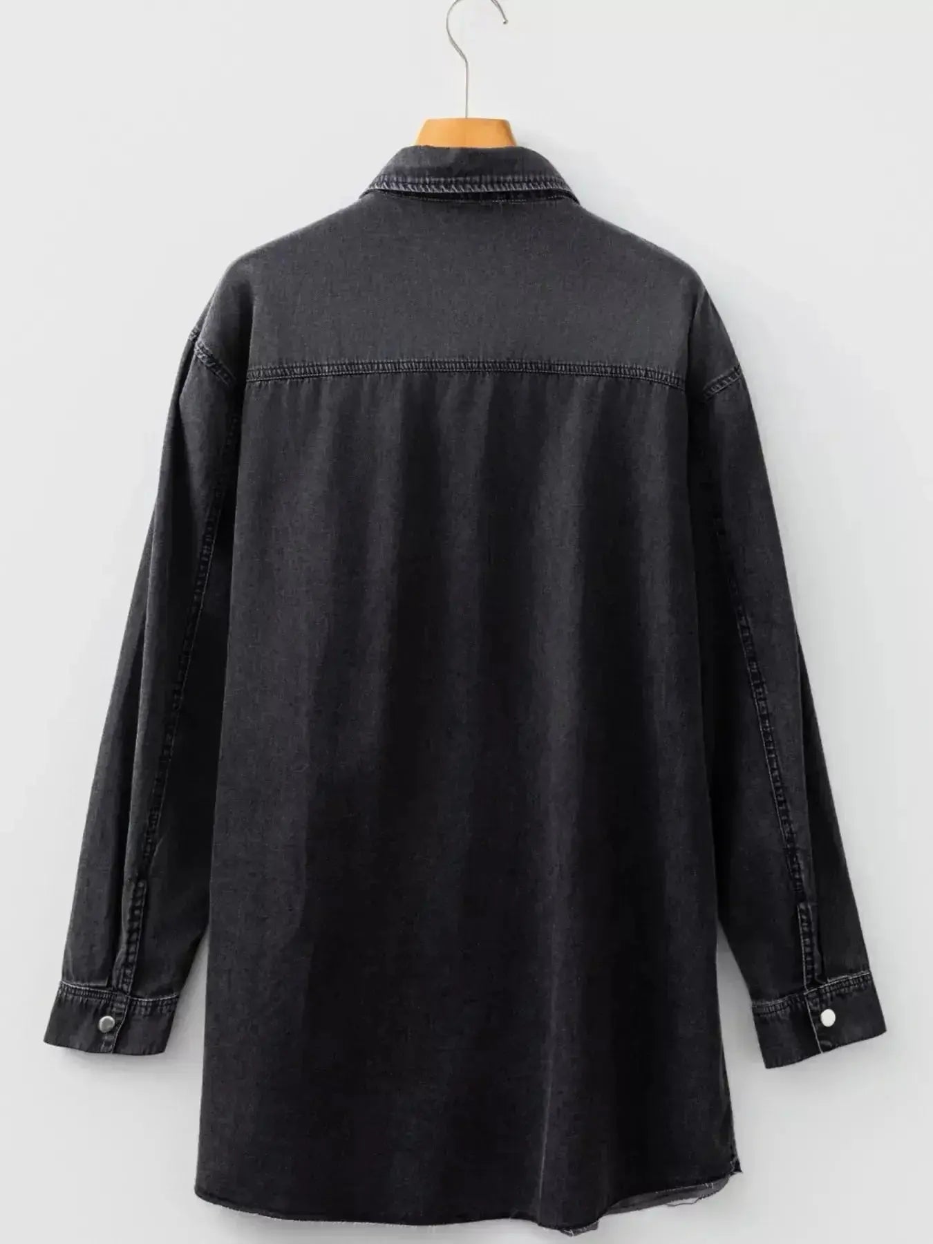 Chest Pocket Raw Hem Denim Loose Shirt Dress - Plush Fashion Hub