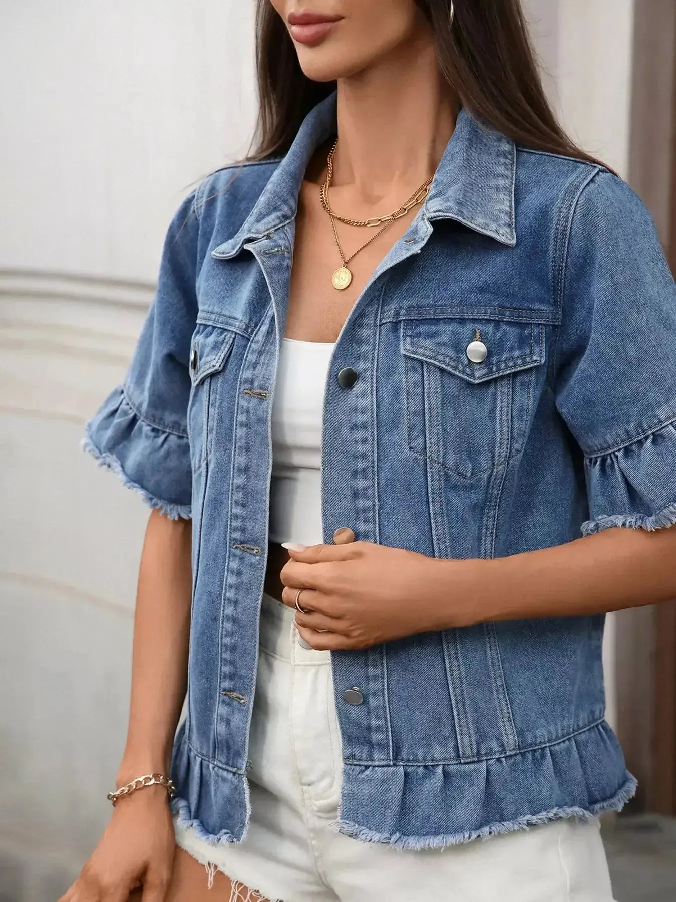 Raw Hem Button Up Denim Jacket - Plush Fashion Hub