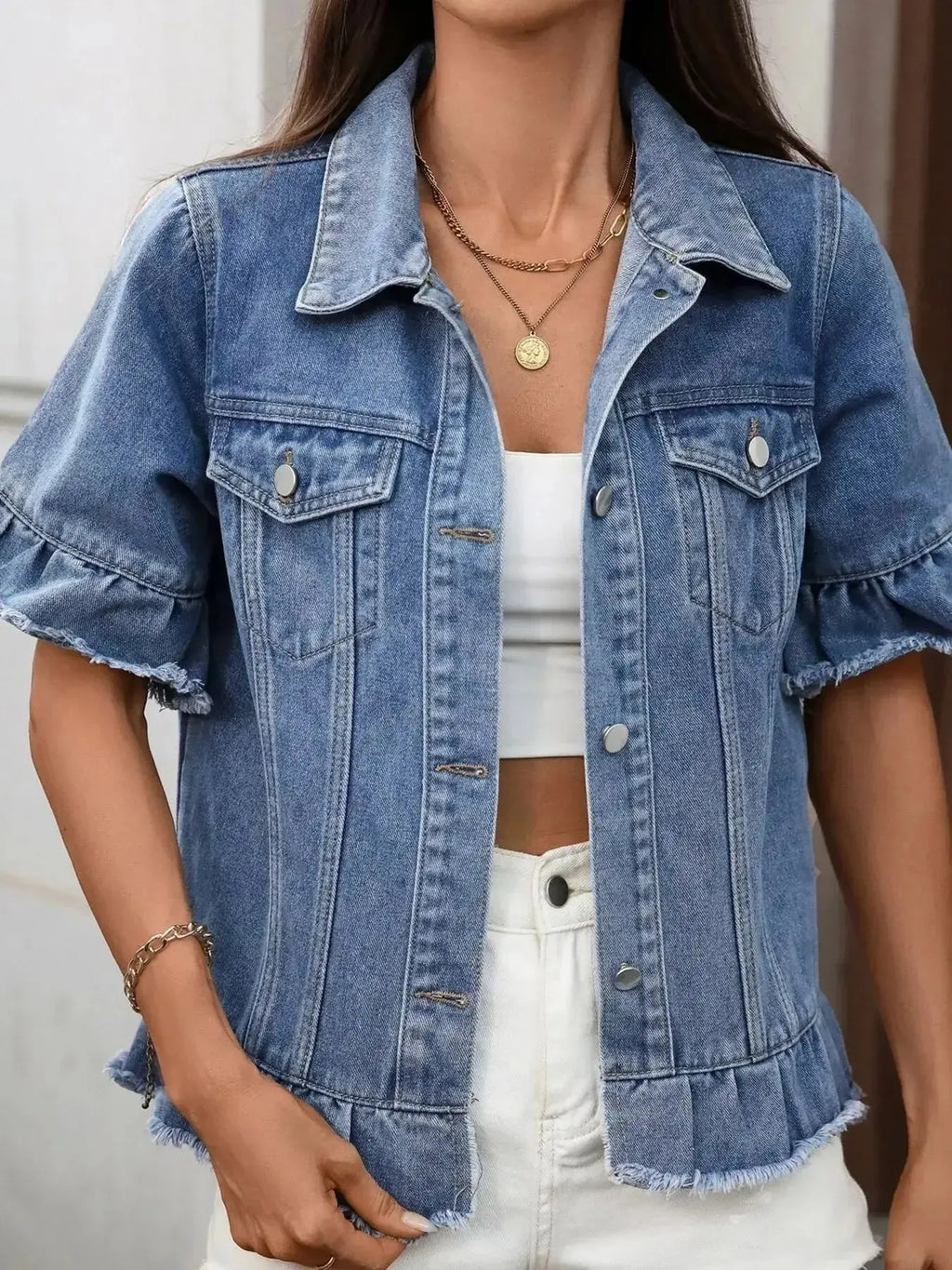 Raw Hem Button Up Denim Jacket - Plush Fashion Hub