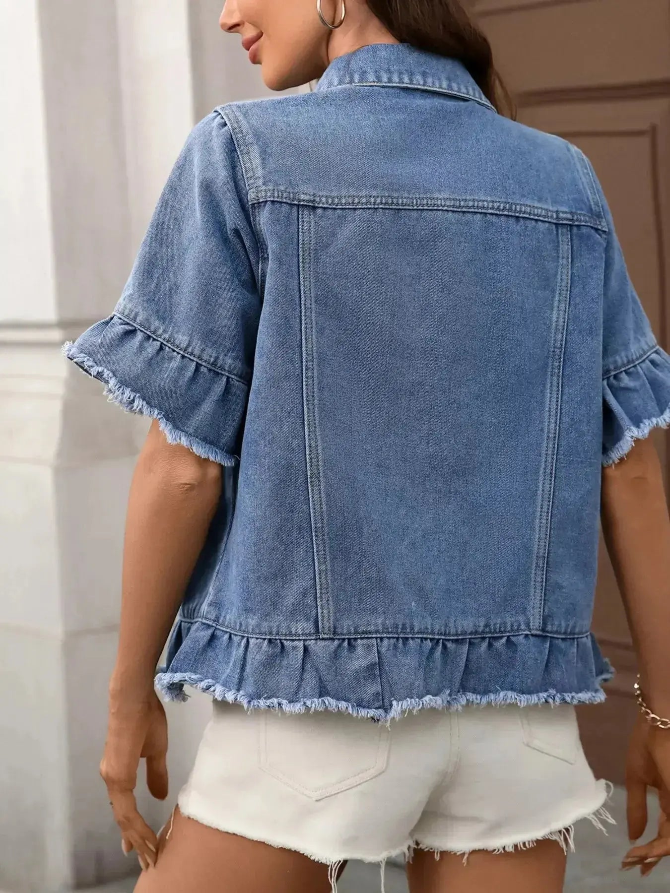 Raw Hem Button Up Denim Jacket - Plush Fashion Hub
