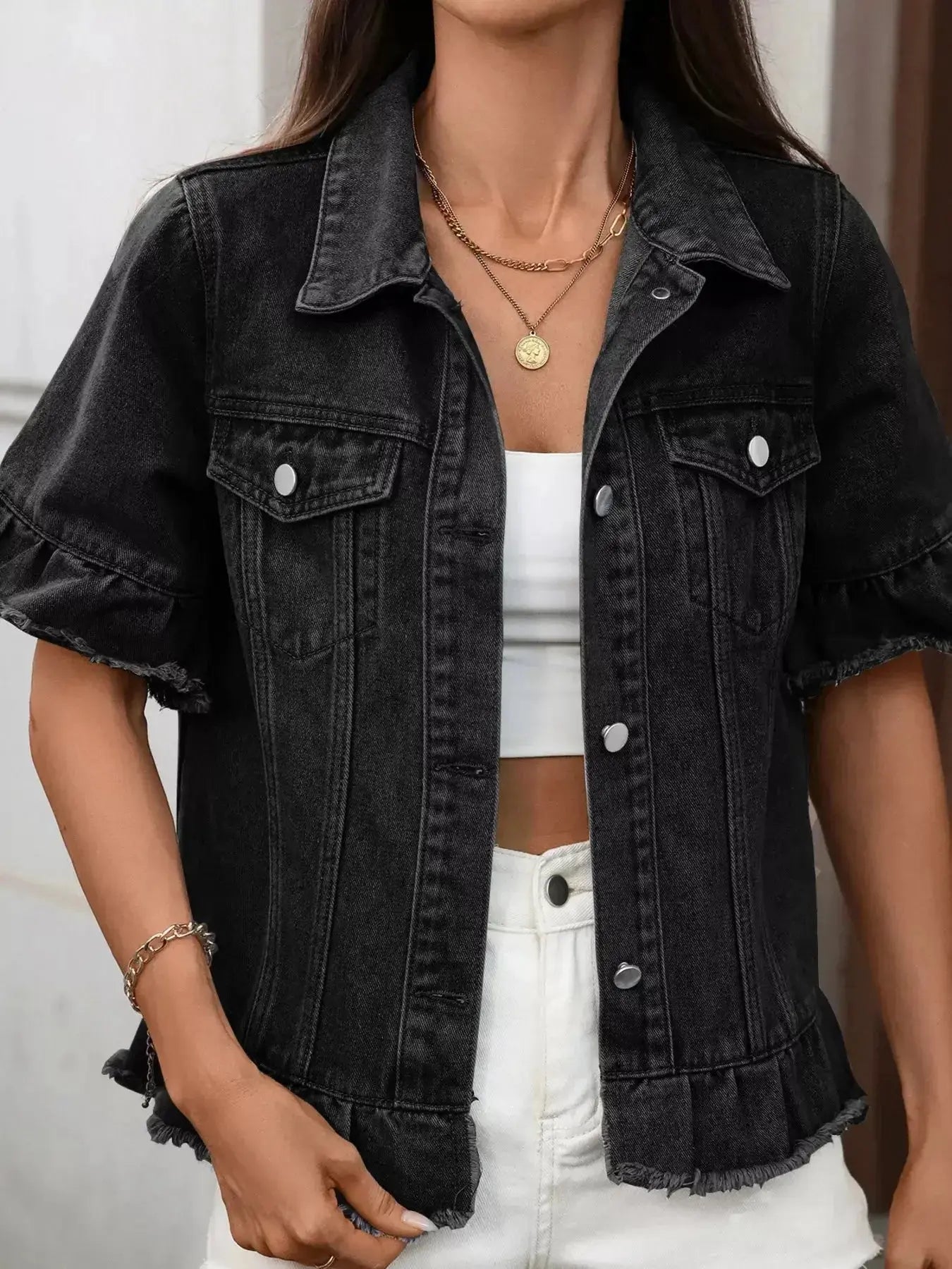 Raw Hem Button Up Denim Jacket - Plush Fashion Hub