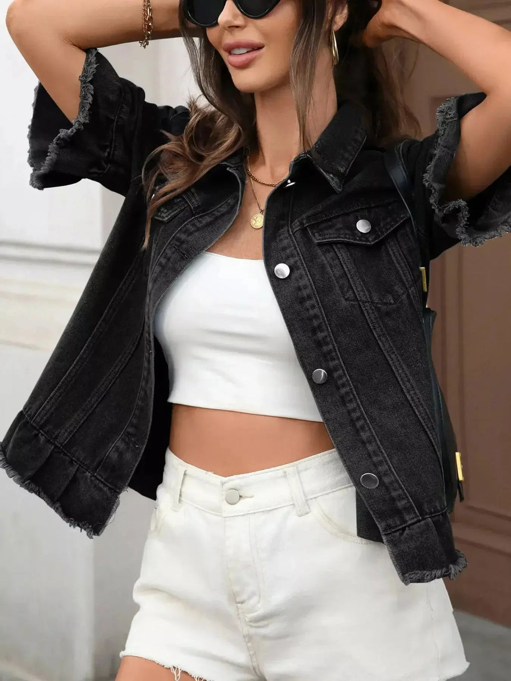 Raw Hem Button Up Denim Jacket - Plush Fashion Hub