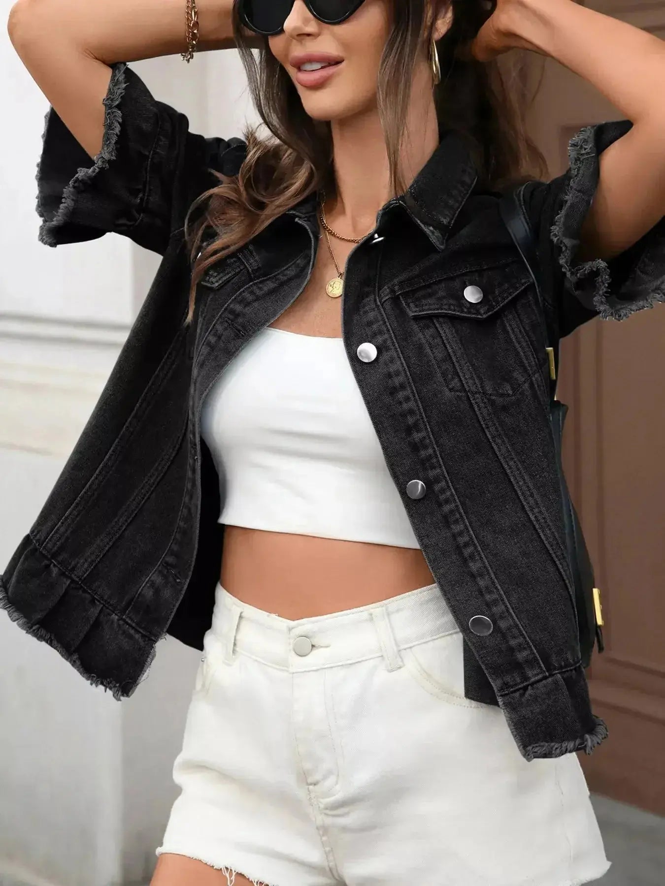Raw Hem Button Up Denim Jacket - Plush Fashion Hub