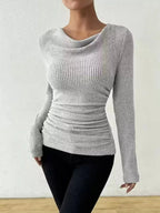 Cowl Neck Ribbed Long Sleeve Sweater - Plush Fashion Hub