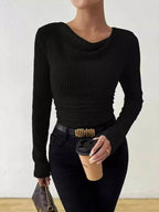 Cowl Neck Ribbed Long Sleeve Sweater - Plush Fashion Hub