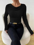 Cowl Neck Ribbed Long Sleeve Sweater - Plush Fashion Hub