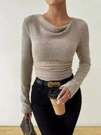 Cowl Neck Ribbed Long Sleeve Sweater - Plush Fashion Hub