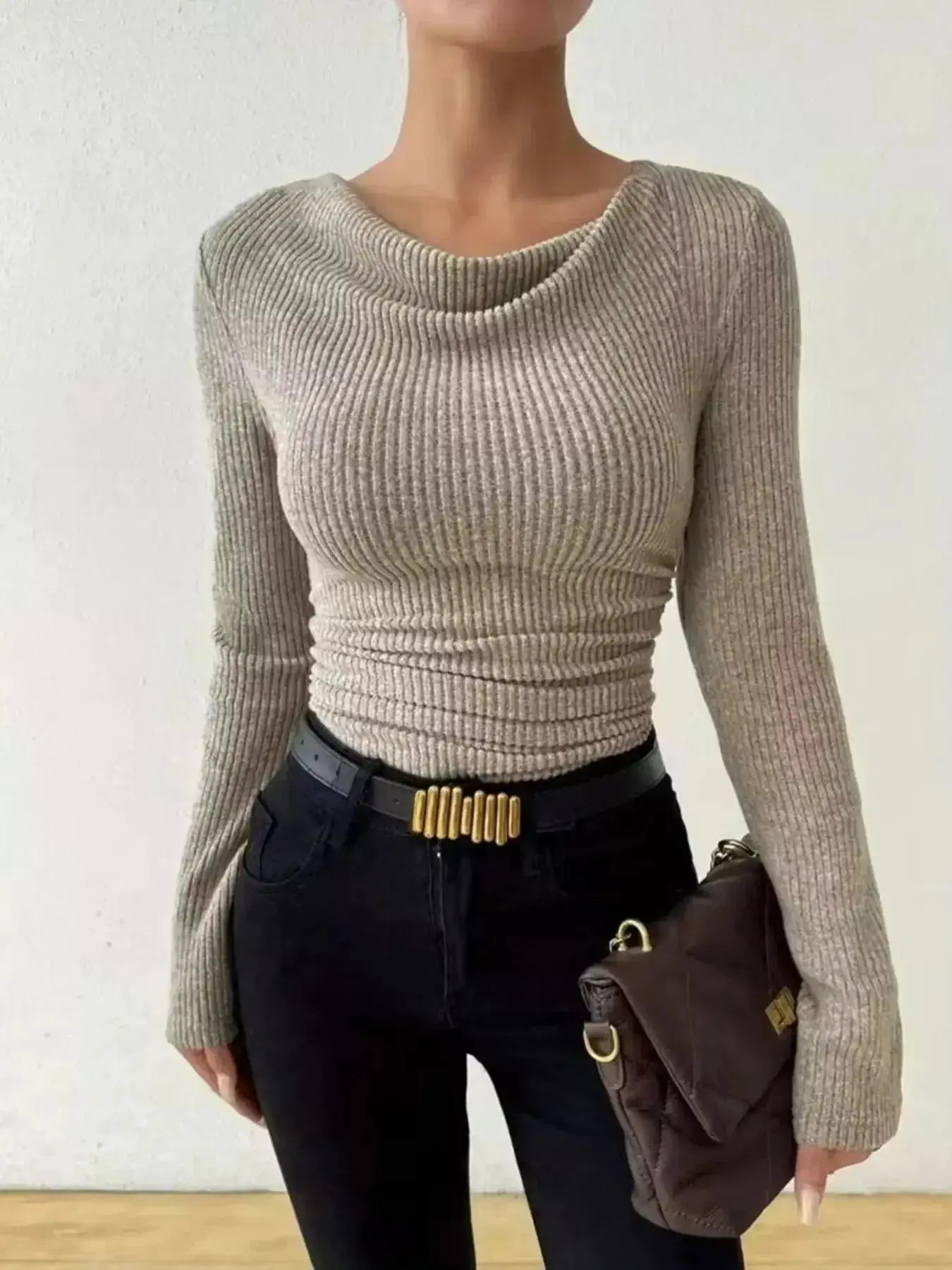 Cowl Neck Ribbed Long Sleeve Sweater - Plush Fashion Hub