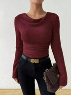 Cowl Neck Ribbed Long Sleeve Sweater - Plush Fashion Hub