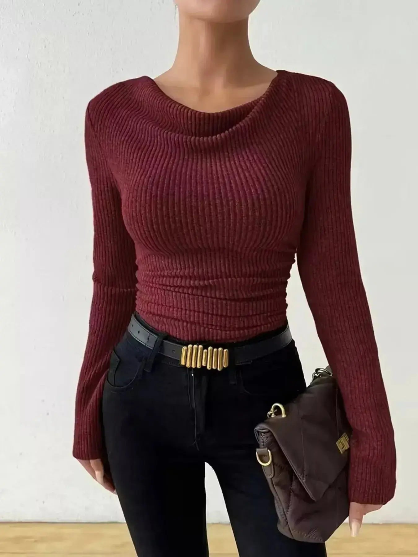 Cowl Neck Ribbed Long Sleeve Sweater - Plush Fashion Hub