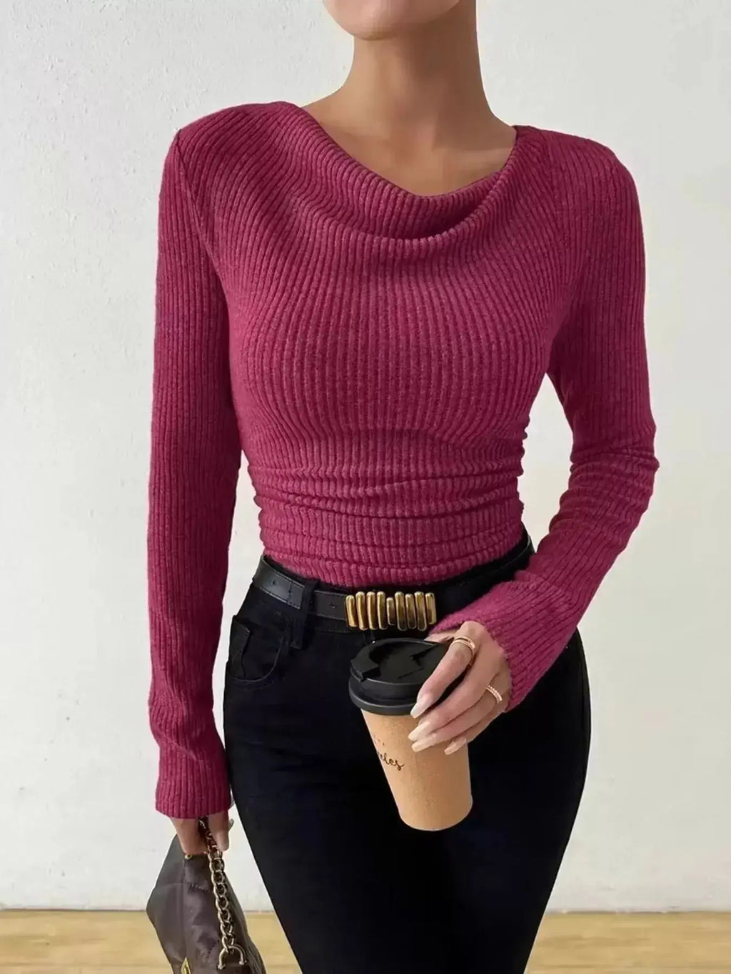 Cowl Neck Ribbed Long Sleeve Sweater - Plush Fashion Hub