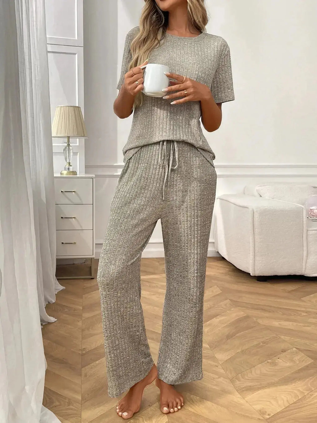 Ribbed Knit Short Sleeve Top and Pants Lounge Set - Plush Fashion Hub