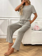 Ribbed Knit Short Sleeve Top and Pants Lounge Set - Plush Fashion Hub