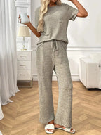 Ribbed Knit Short Sleeve Top and Pants Lounge Set - Plush Fashion Hub