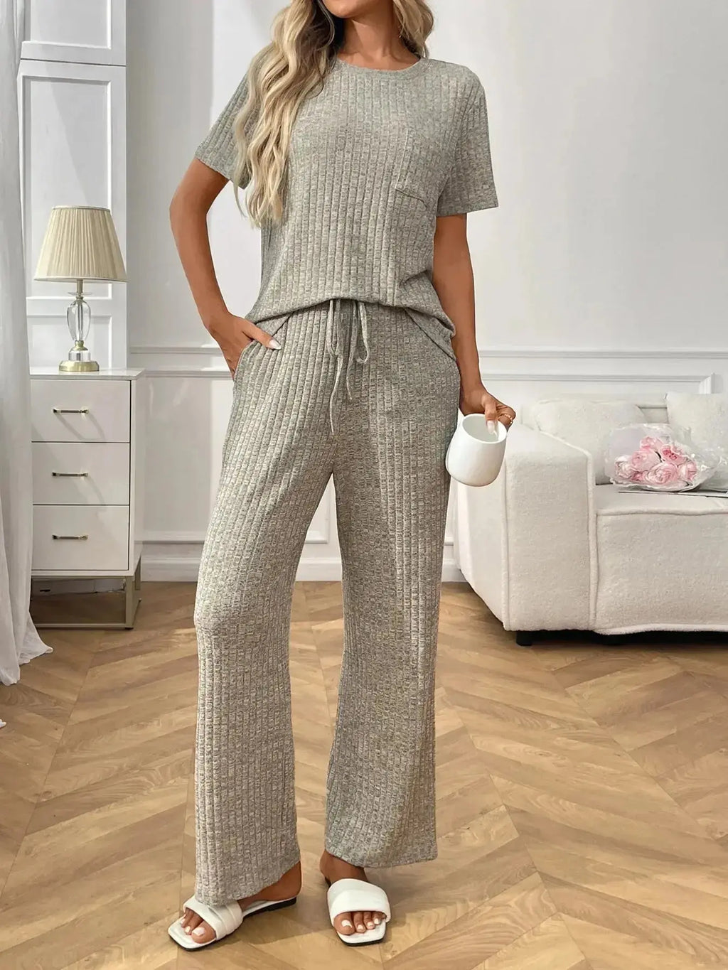Ribbed Knit Short Sleeve Top and Pants Lounge Set - Plush Fashion Hub