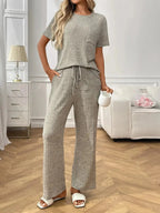 Ribbed Knit Short Sleeve Top and Pants Lounge Set - Plush Fashion Hub
