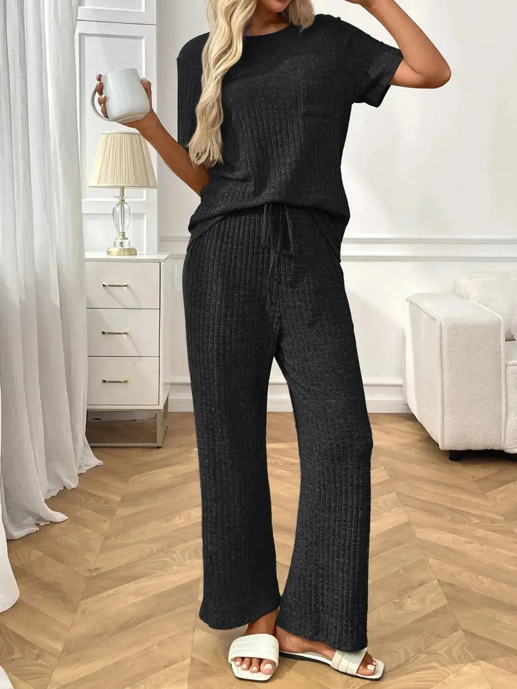Ribbed Knit Short Sleeve Top and Pants Lounge Set - Plush Fashion Hub