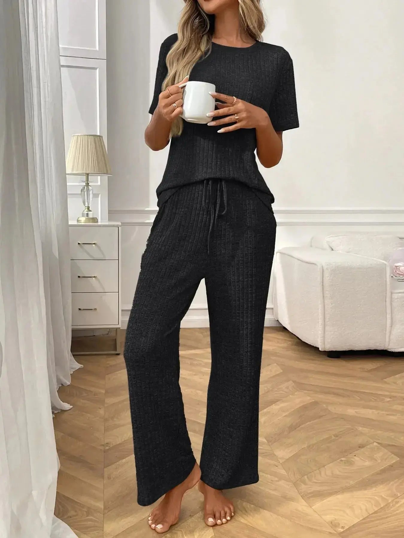 Ribbed Knit Short Sleeve Top and Pants Lounge Set - Plush Fashion Hub