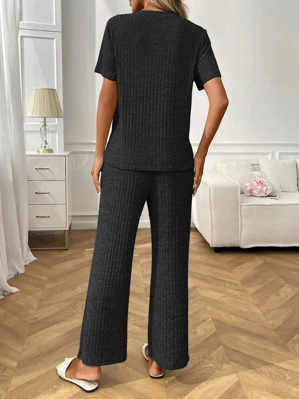 Ribbed Knit Short Sleeve Top and Pants Lounge Set - Plush Fashion Hub