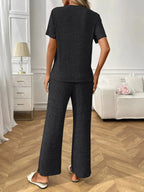 Ribbed Knit Short Sleeve Top and Pants Lounge Set - Plush Fashion Hub
