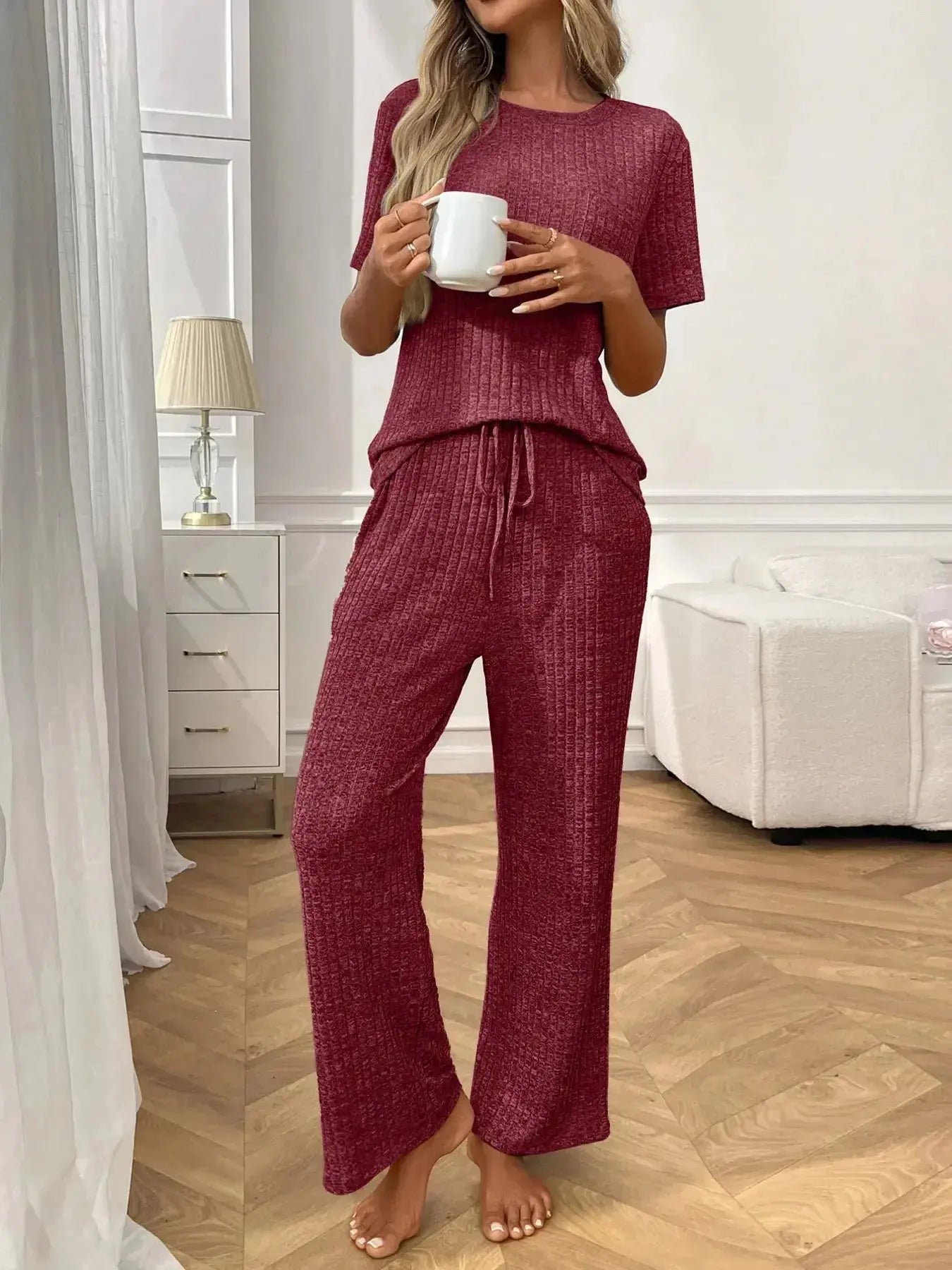 Ribbed Knit Short Sleeve Top and Pants Lounge Set - Plush Fashion Hub