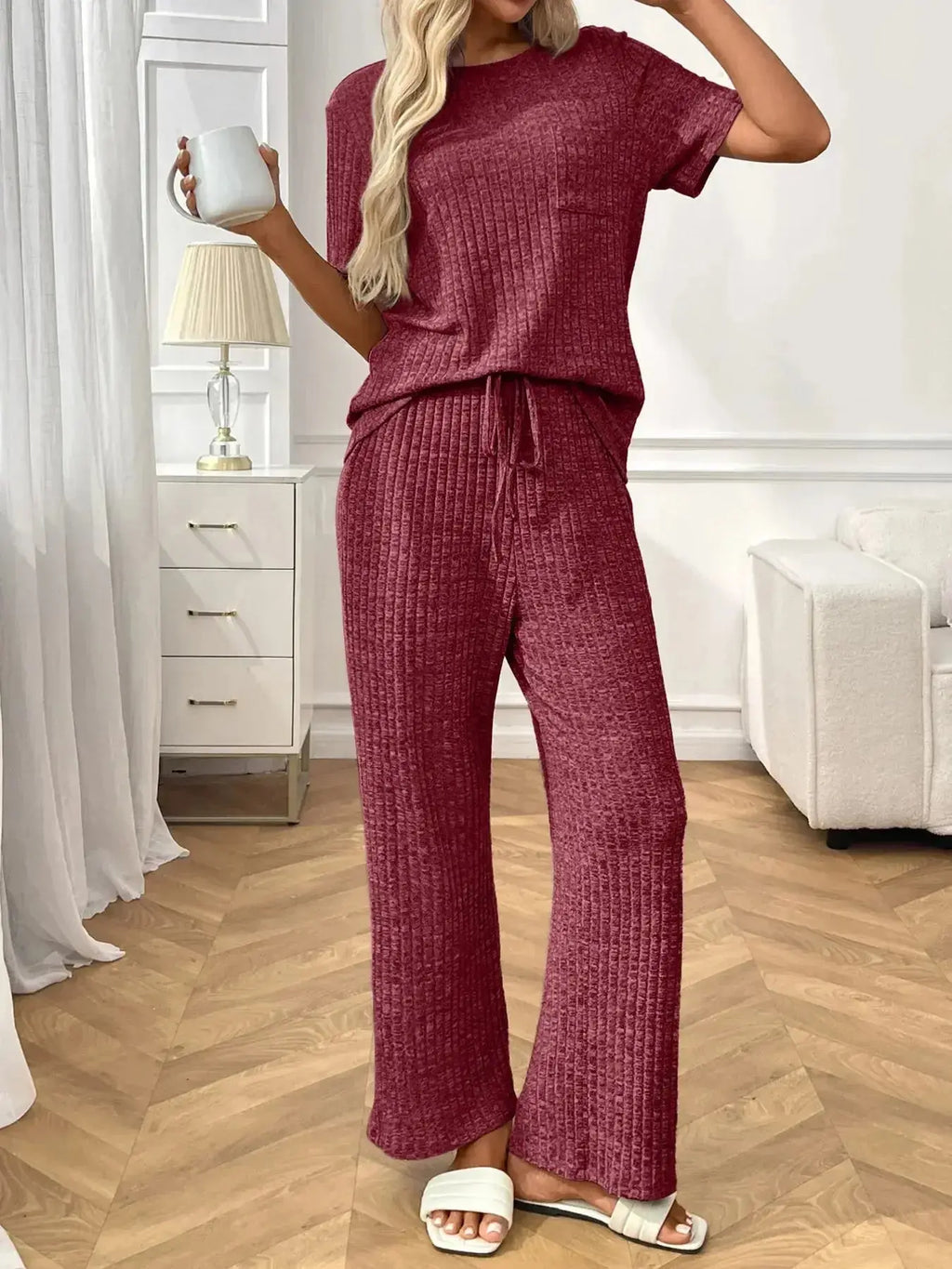 Ribbed Knit Short Sleeve Top and Pants Lounge Set - Plush Fashion Hub