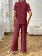 Ribbed Knit Short Sleeve Top and Pants Lounge Set - Plush Fashion Hub