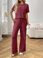 Ribbed Knit Short Sleeve Top and Pants Lounge Set - Plush Fashion Hub