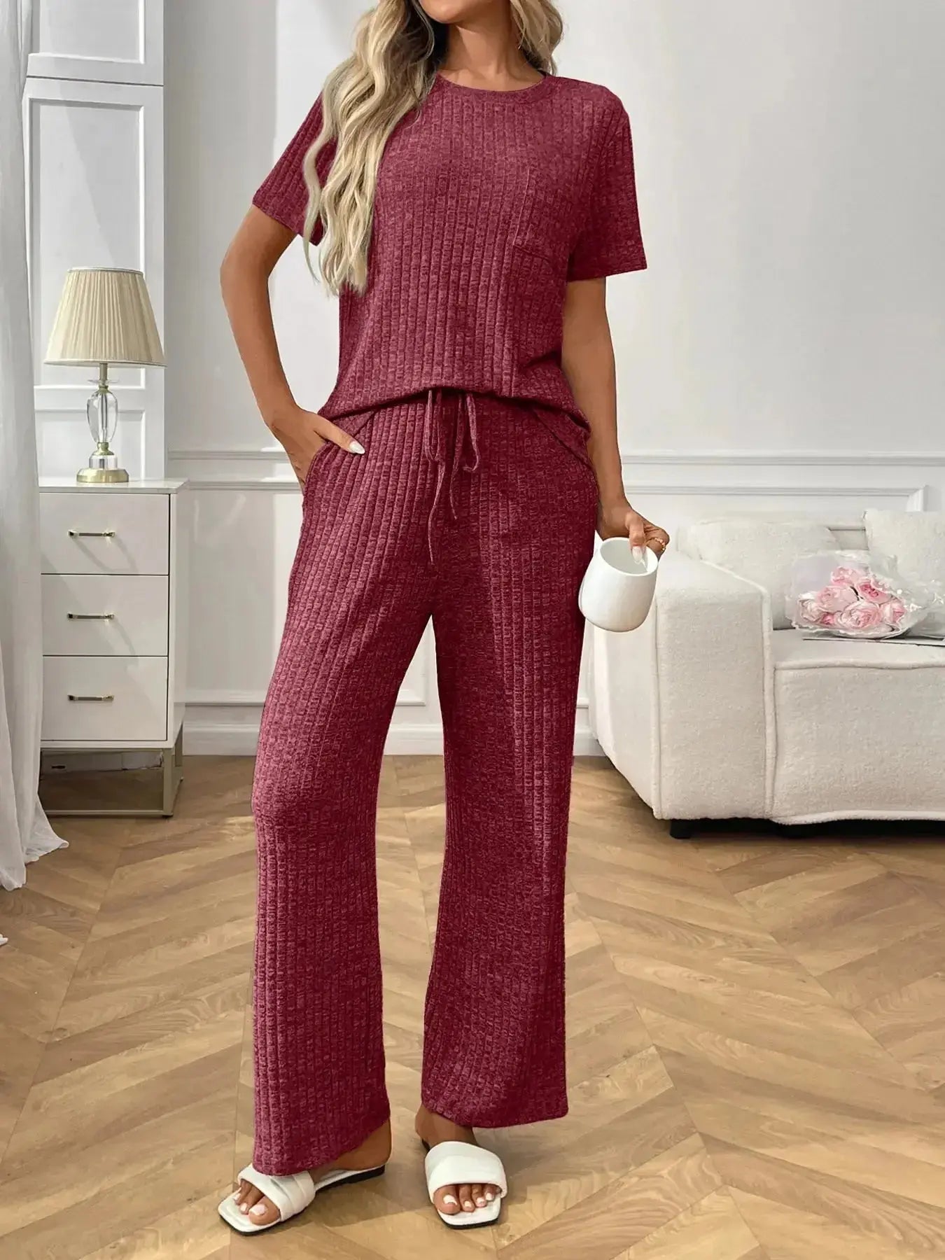 Ribbed Knit Short Sleeve Top and Pants Lounge Set - Plush Fashion Hub