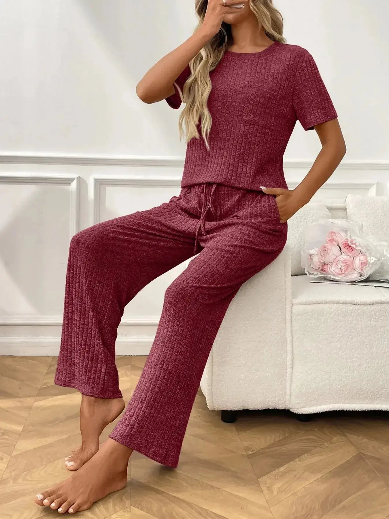 Ribbed Knit Short Sleeve Top and Pants Lounge Set - Plush Fashion Hub