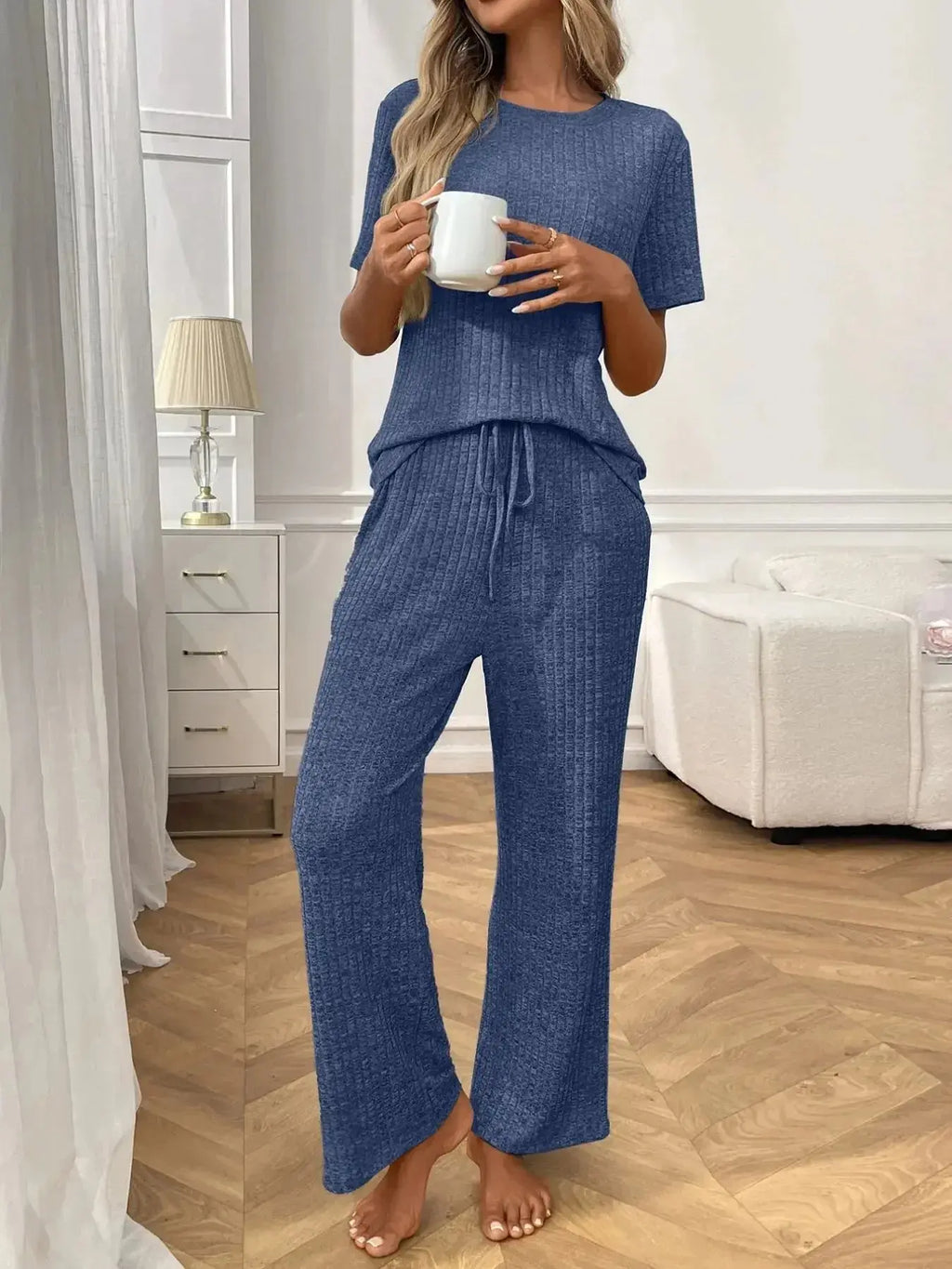 Ribbed Knit Short Sleeve Top and Pants Lounge Set - Plush Fashion Hub