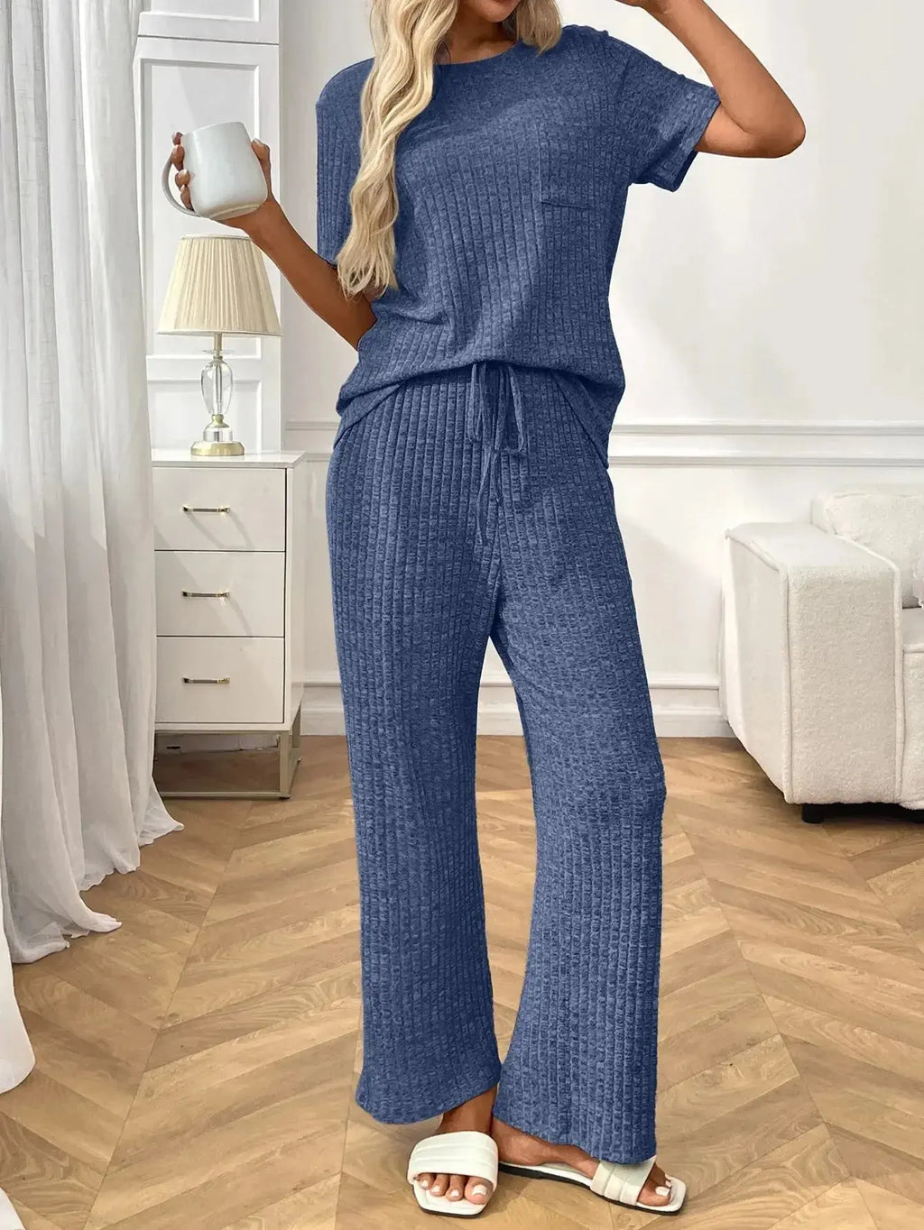 Ribbed Knit Short Sleeve Top and Pants Lounge Set - Plush Fashion Hub