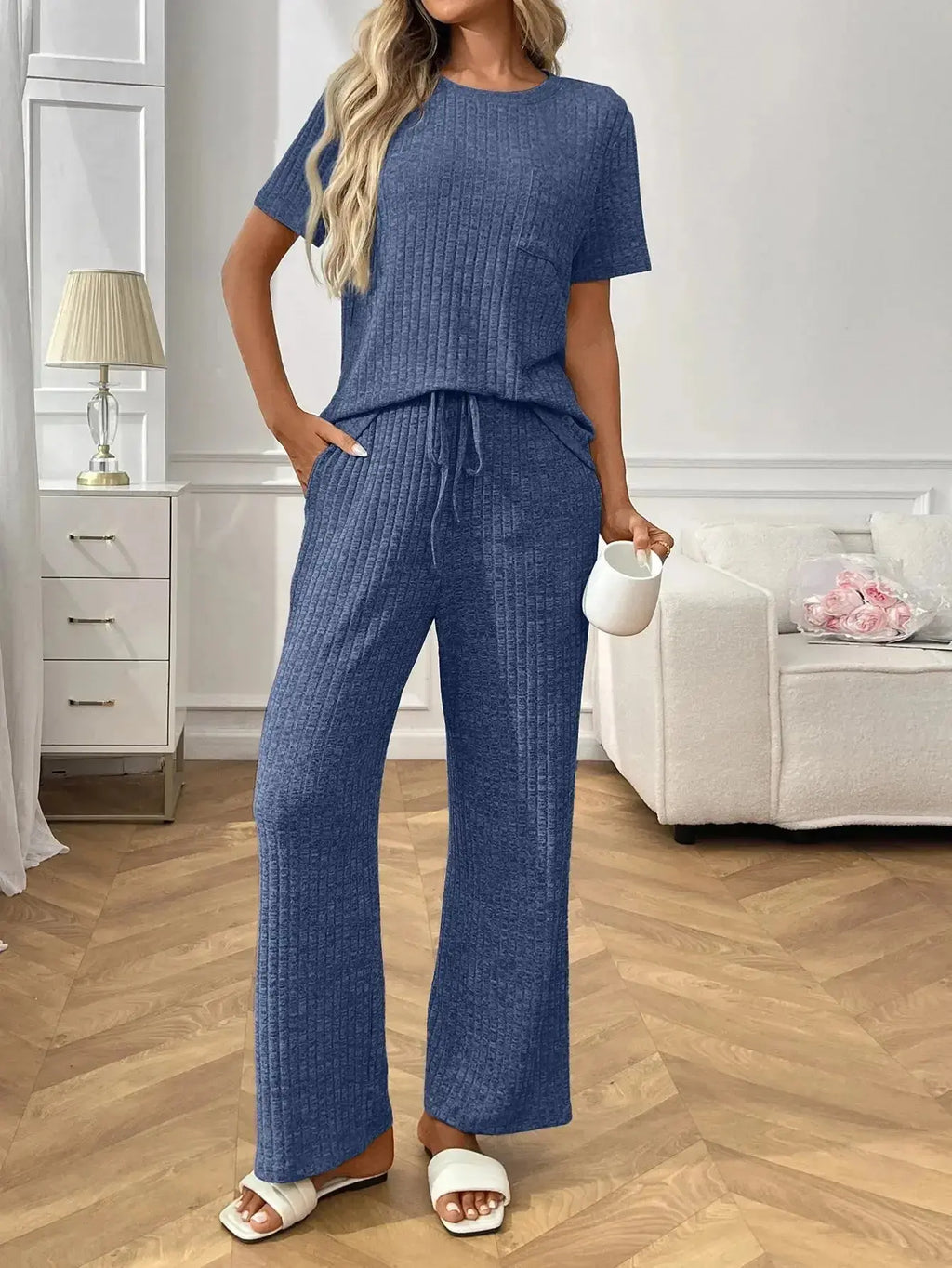 Ribbed Knit Short Sleeve Top and Pants Lounge Set - Plush Fashion Hub