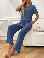 Ribbed Knit Short Sleeve Top and Pants Lounge Set - Plush Fashion Hub