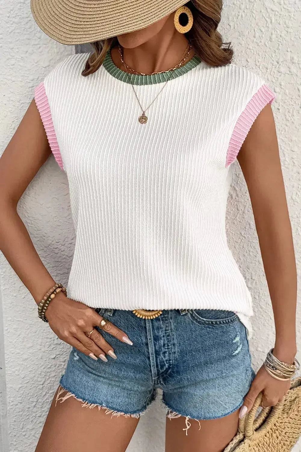 Contrast Trim Ribbed Knit Sleeveless Top - Plush Fashion Hub